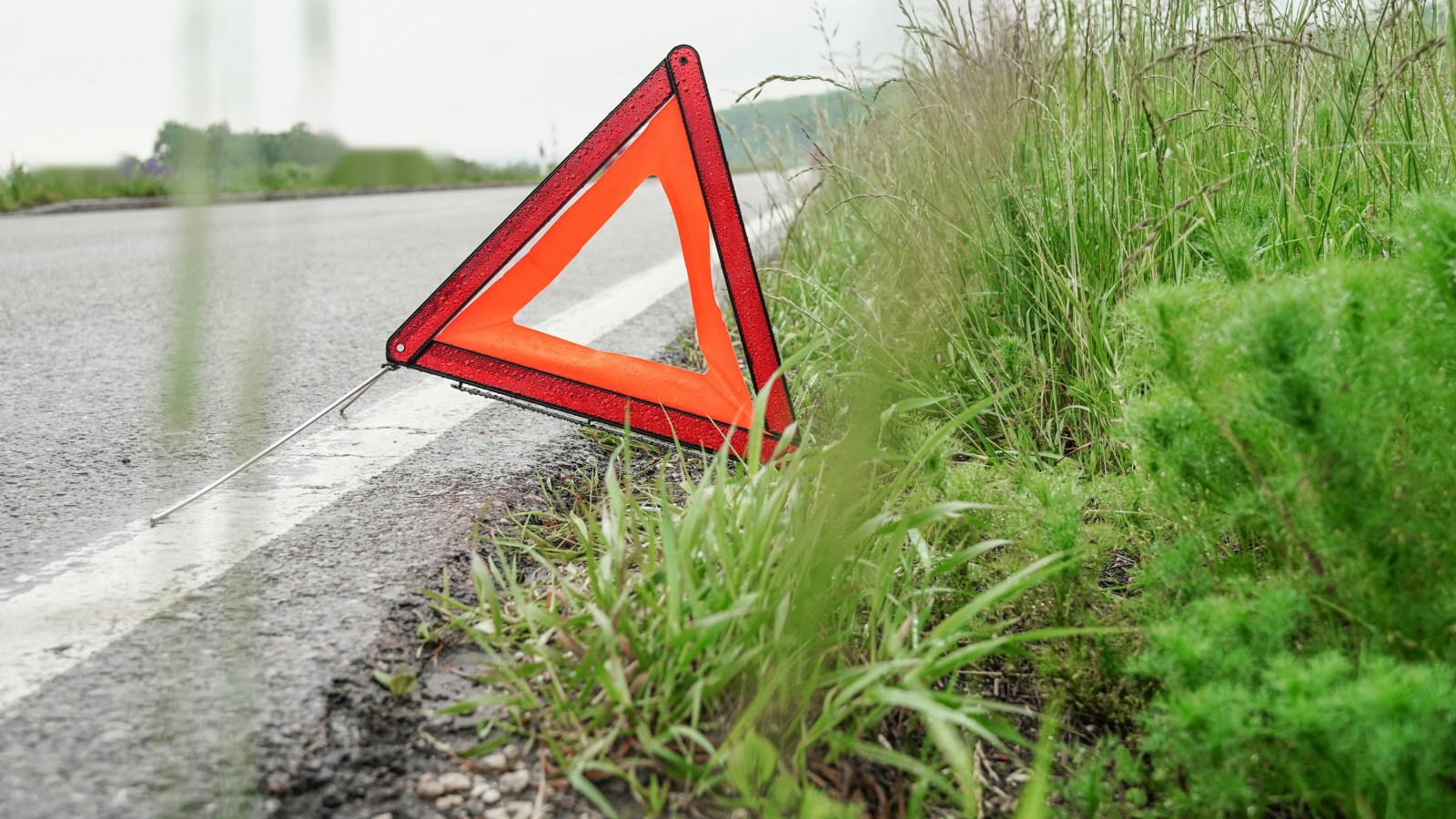 A red and orange reflective warning triangle standing at the edge of an asphalt road, next to a white edge line and tall green grass, under an overcast sky.